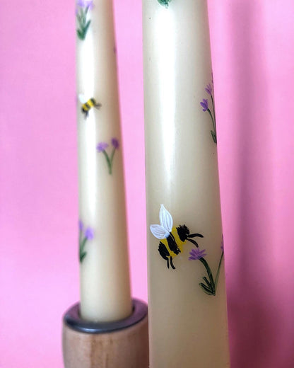 Hand Painted Lilac Flower & Bumble Bee Candle